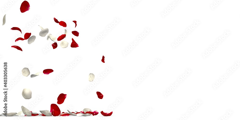 Red and white rose petals fly from the side and fall to the floor. On the right is a free space for your design. Valentine's Day. Postcard. Calendar