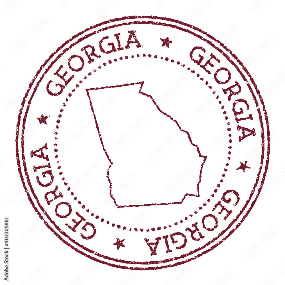 Georgia round rubber stamp with US state map. Vintage red passport stamp with circular text and stars, vector illustration. Georgia round rubber stamp with US state map. Vintage red passport stamp with circular text and stars, vector illustration.
