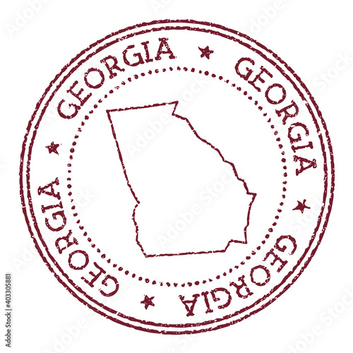 Georgia round rubber stamp with US state map. Vintage red passport stamp with circular text and stars, vector illustration.