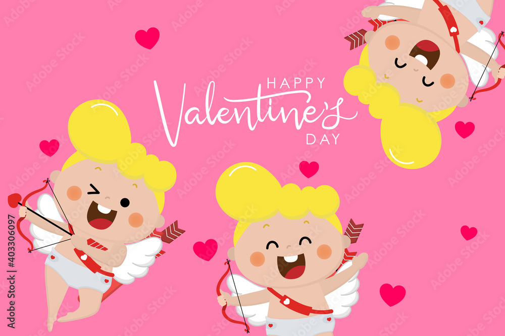 Happy Valentine's Day greeting card with cute cupid character. Love holidays cartoon collection. -Vector Happy Valentine's Day greeting card with cute cupid character. Love holidays cartoon collection. -Vector