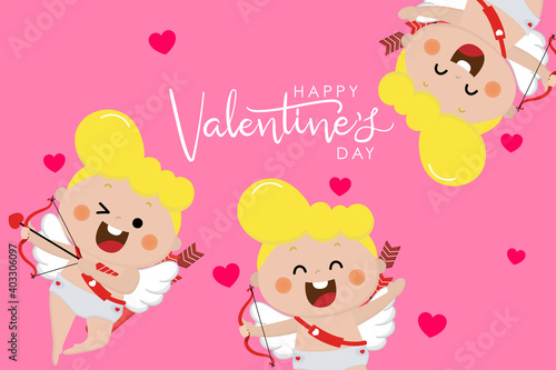 Happy Valentine s Day greeting card with cute cupid character. Love holidays cartoon collection. -Vector