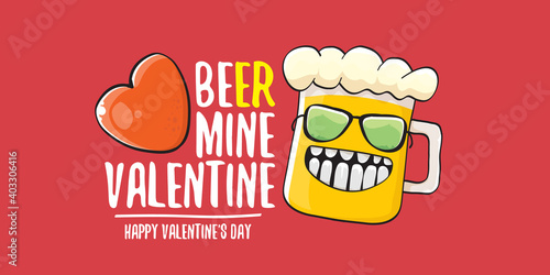 Beer mine valentines vector valentines greeting horizontal banner with beer glass cartoon character isolated on red background. Vector adult valentines day party poster design template