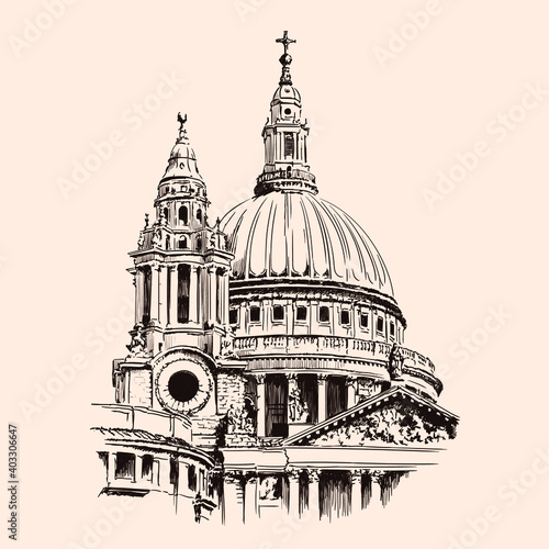 Dome of St Paul's Cathedral in London. Sketch on a beige background.