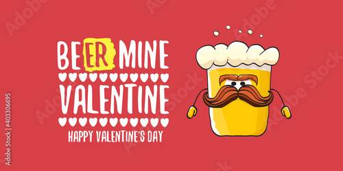 Beer mine valentines vector valentines greeting horizontal banner with beer glass cartoon character isolated on red background. Vector adult valentines day party poster design template