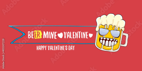 Beer mine valentines vector valentines greeting horizontal banner with beer glass cartoon character isolated on red background. Vector adult valentines day party poster design template