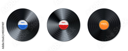 Vinyl music record set. Design of retro audio disk. Realistic vintage gramophone disc with cover mockup. Vector illustration