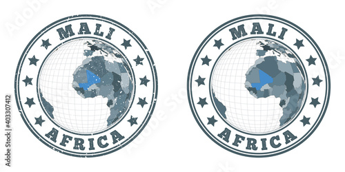 Mali round logos. Circular badges of country with map of Mali in world context. Plain and textured country stamps. Vector illustration.
