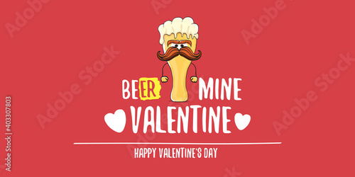 Beer mine valentines vector valentines greeting horizontal banner with beer glass cartoon character isolated on red background. Vector adult valentines day party poster design template