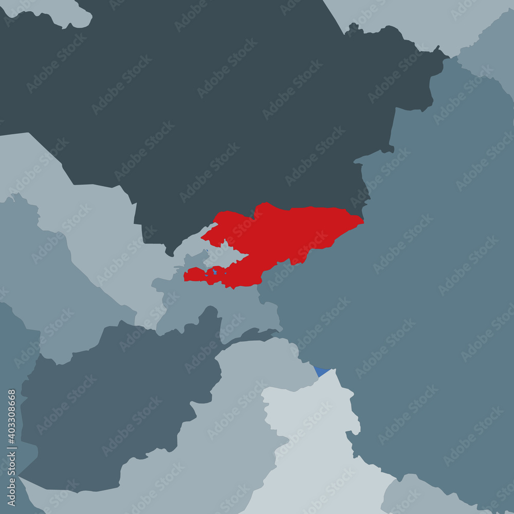Shape of the Kyrgyzstan in context of neighbour countries. Country highlighted with red color on world map. Kyrgyzstan map template. Vector illustration.