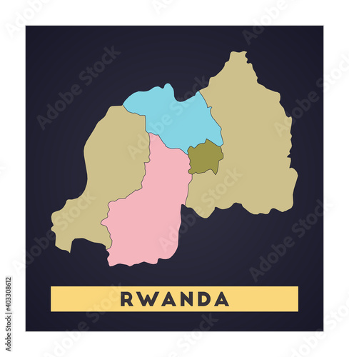 Rwanda map. Country poster with regions. Shape of Rwanda with country name. Cool vector illustration.