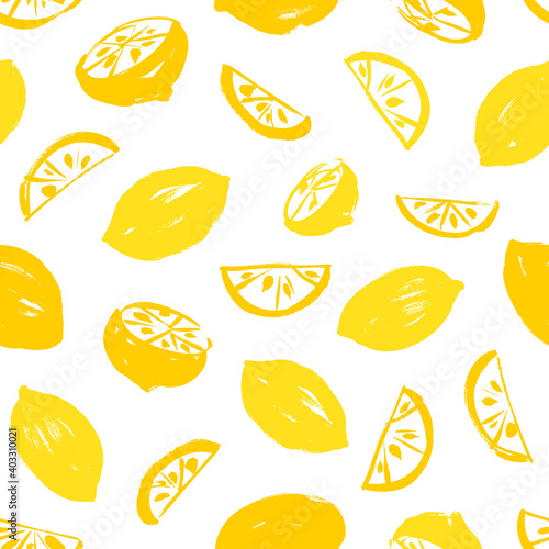 Seamless hand drawn yellow lemon pattern. Half and sliced lemons. Colorful vector wallpaper. Doodle ink illustration with citrus fruits on white background. Print for fabric or wrapping paper.