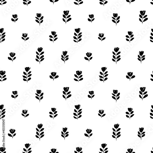 Small black brush flower vector seamless pattern. Hand drawn abstract botanical ink illustration. Chamomile or daisy branches painted by brush. Doodles for fabric, wrapping paper, wallpaper © Анастасия Гевко