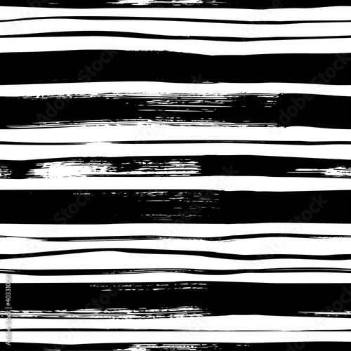 Grunge bold and thin lines vector seamless pattern. Horizontal brush strokes, straight stripes. Black ink striped hand drawn background. Geometric ornament for wrapping paper. Dry brushstrokes pattern