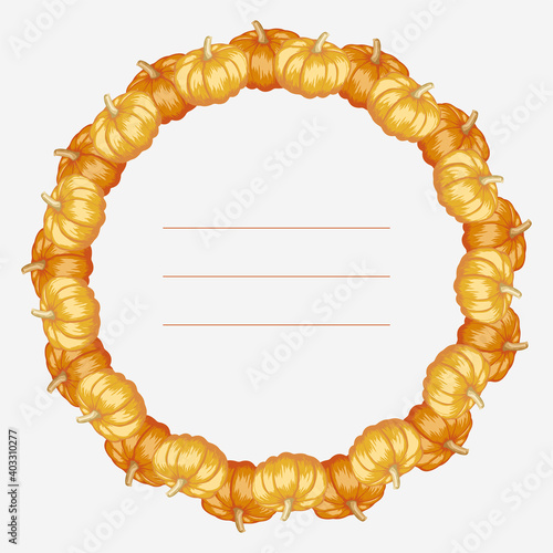 Yellow pumpkin. Food round vector frame template.