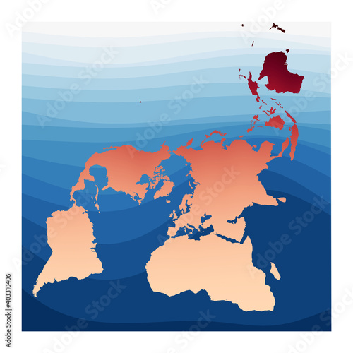 World Map Vector. Peirce quincuncial projection. World in red orange gradient on deep blue ocean waves. Modern vector illustration. photo