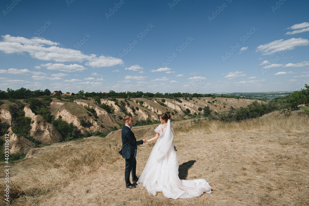 Stylish groom in a blue suit and a beautiful curly-haired bride in a white dress stand in nature, against the background of hills and the sky, holding hands. Wedding portrait of newlyweds in love.