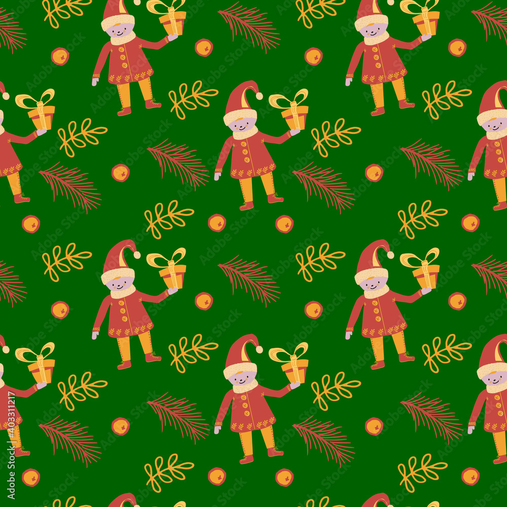 Seamless pattern. Cheerful gnome with a gift. Spruce twigs, mistletoe and berries. Vector. Flat. Gnomes, gifts. Christmas. Suitable for festive paper, fabric and wallpaper.