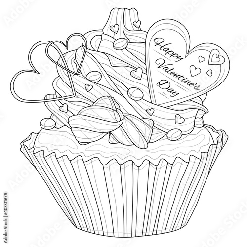 Cupcake. Valentine's Day.Dessert. Coloring book antistress for children and adults. Illustration isolated on white background.Zen-tangle style. Black and white drawing