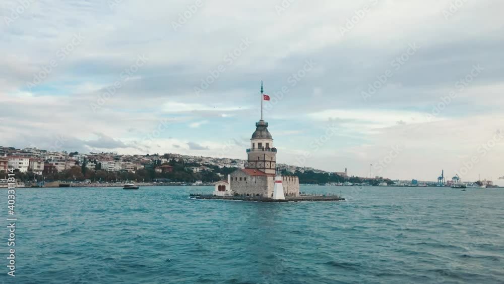 The Maiden's Tower, also known as Leander's Tower since the medieval Byzantine period, is a tower on a small islet at the southern entrance of the Bosphorus strait 200 m from the coast of Üsküdar The Maiden's Tower, also known as Leander's Tower since the medieval Byzantine period, is a tower on a small islet at the southern entrance of the Bosphorus strait 200 m from the coast of Üsküdar