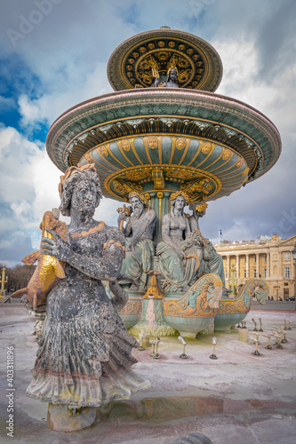 Paris,France - 12 30 2020: View details of the Fountain of the Rivers on Place de la Concorde