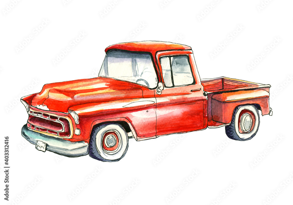 Vintage watercolor red truck, hand draw llustration of old retro car on a white background