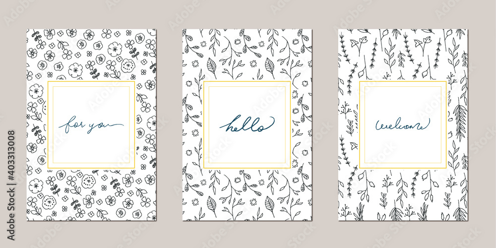 Set Of Botanical Post Card Template Design Leaves Line Art Ink Drawing 手書き の草木ポストカードデザイン Stock Vector Adobe Stock