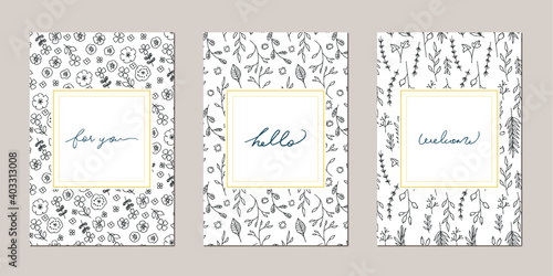 Set of botanical post card template design, leaves line art ink drawing    手書きの草木ポストカードデザイン