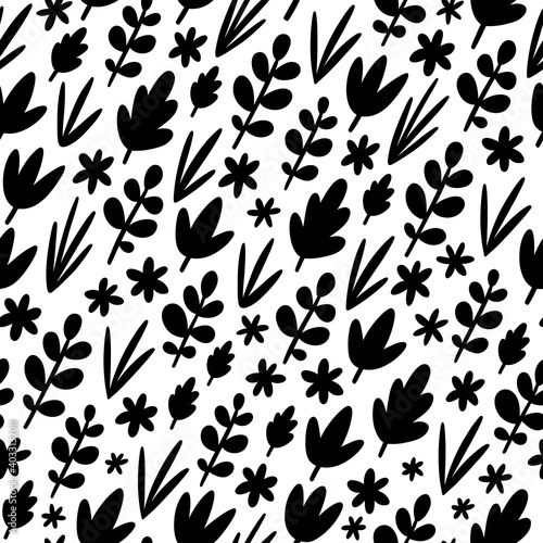 Black leaves silhouettes vector pattern