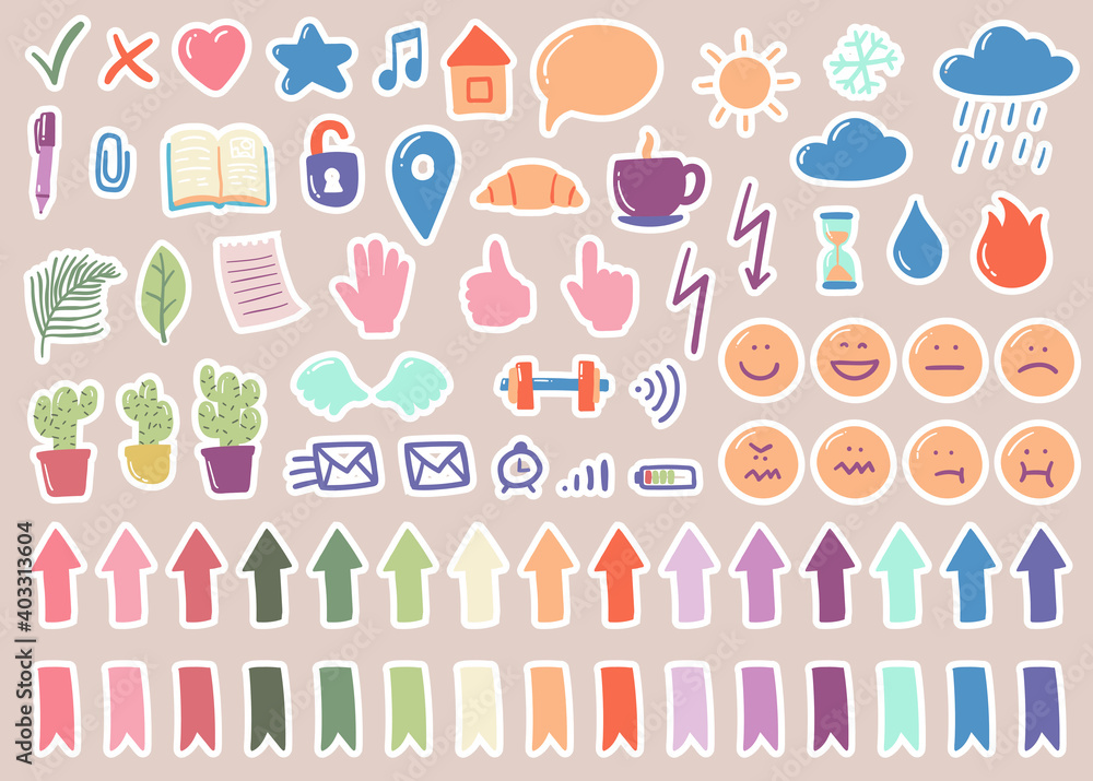 Vector set of cute stickers for planner in cartoon style Vector set of cute stickers for planner in cartoon style