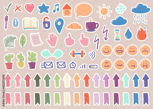 Vector set of cute stickers for planner in cartoon style