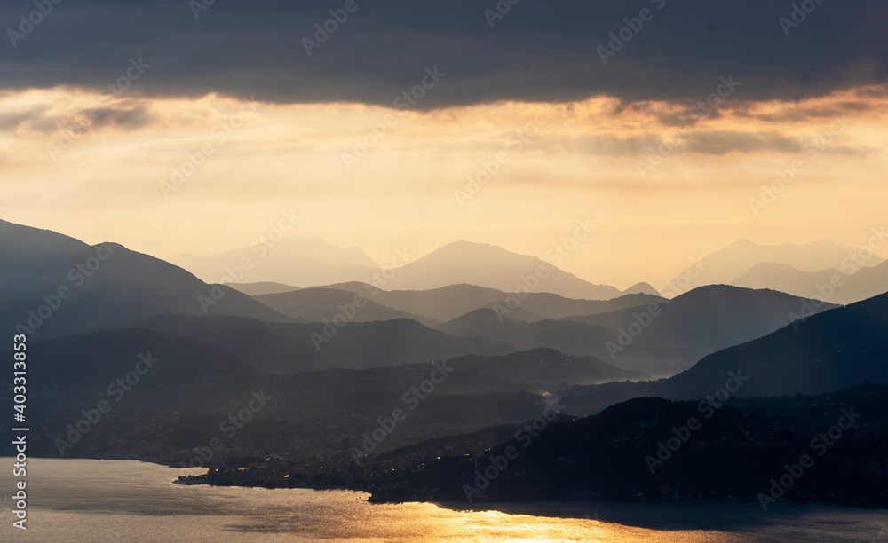 View of the mountains above Luino from the viewpoint of Premeno, a town at 800 meters above sea level, Italy
