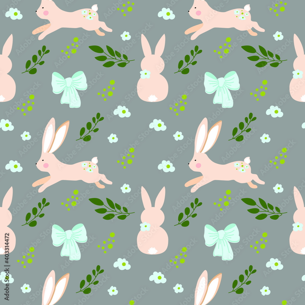 Seamless pattern. Cheerful jumping rabbits, bow, flowers and branches. Vector. Cartoon. Doodle. Rabbits in tree branches. Easter. Valentine's Day. Suitable for festive paper, fabric and wallpaper.