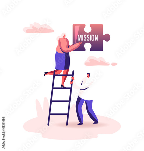 Core Values Concept. Tiny Male Female Businesspeople Characters Stand on Ladder Holding Huge Puzzle Piece Mission