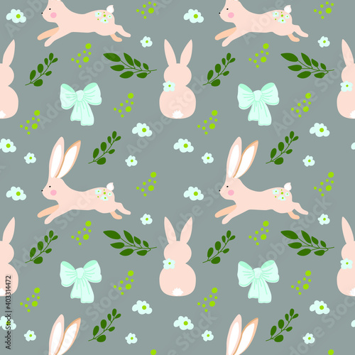 Seamless pattern. Cheerful jumping rabbits, bow, flowers and branches. Vector. Cartoon. Doodle. Rabbits in tree branches. Easter. Valentine's Day. Suitable for festive paper, fabric and wallpaper.