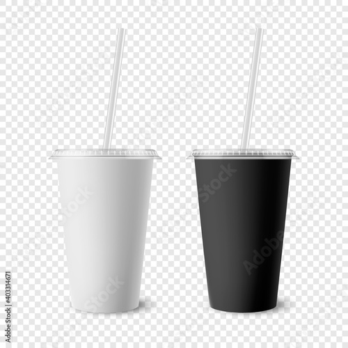 Vector 3d Realistic White, Black Paper Disposable Cup Set with Lid, Straw for Beverage, Drinks Isolated. Coffee, Soda, Tea, Cocktail, Milkshake. Design Template of Packaging for Mockup. Front View