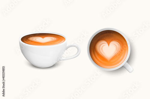 Vector 3d Realistic White Porcelain Ceramic Mug. Milk Coffee, Foam, Heart Pattern Set Isolated on White. Capuccino, Latte. Stock Vector Illustration. Design Template, Mockup. Front, Top View