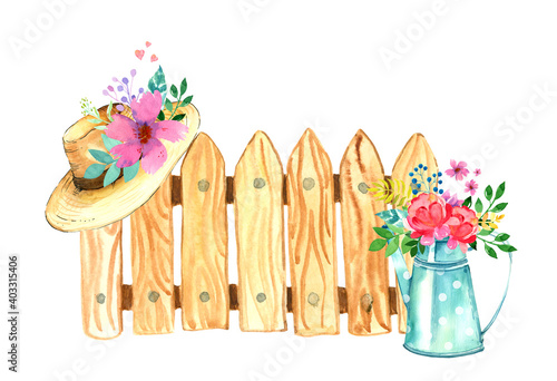 Watercolor wooden fence with garden watering can and straw garden hat, decorated with flowers, isolated on white background; wood texture. Gardening set for card design