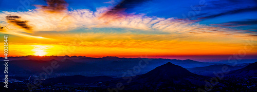 Panoramic View of City  Mountain Peak at Sunset  sunrise