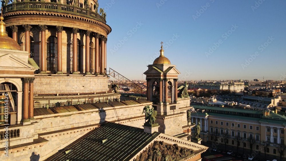 An unusual view of St. Petersburg and St. Isaac's Cathedral at morning from height