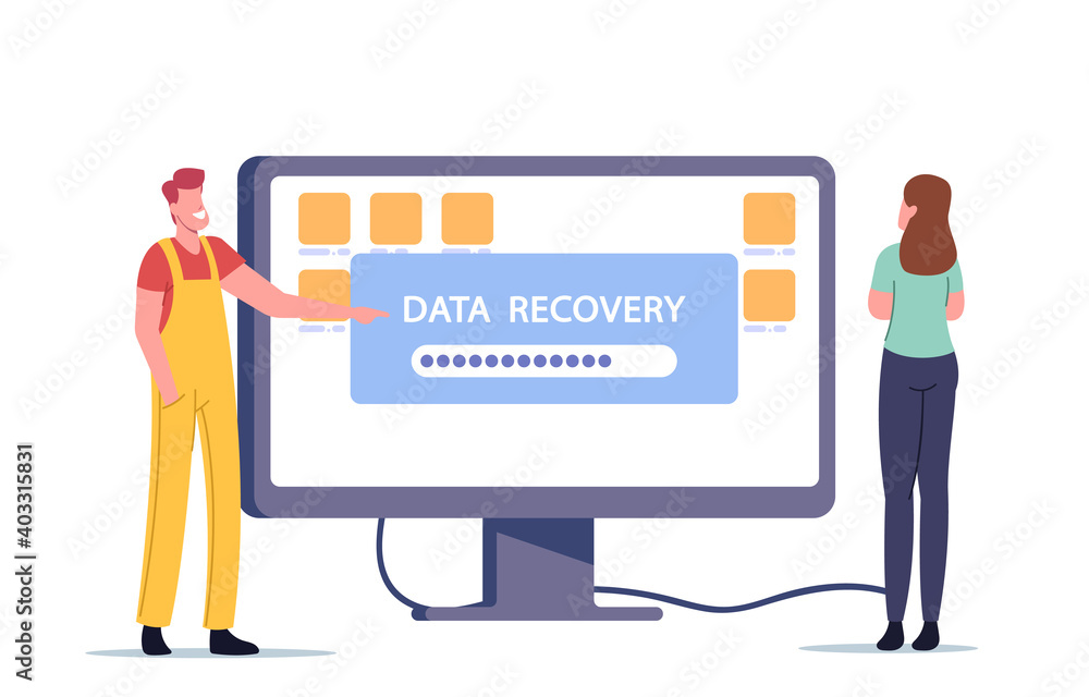 Data Recovery Service, Backup, Hardware Protection Repair Concept. Tiny Worker Presenting Huge Monitor with File Folders Data Recovery Service, Backup, Hardware Protection Repair Concept. Tiny Worker Presenting Huge Monitor with File Folders