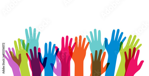 Multicultural and multiethnic people community integration concept with raised human hands. Racial equality of different culture and countries background. Vector Illustration EPS10