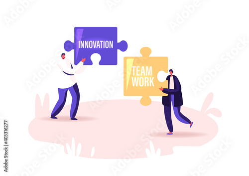 Core Values Concept. Tiny Businesspeople Characters Holding Huge Puzzle Piece with Basic Social and Business Principles