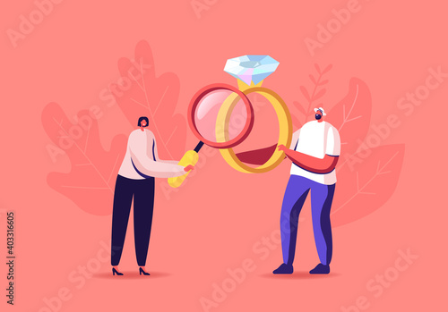 Pawn Shop Owner Looking on Gold Ring with Precious Gem for Buying. Tiny Characters Sell and Buy Antique or Old Things