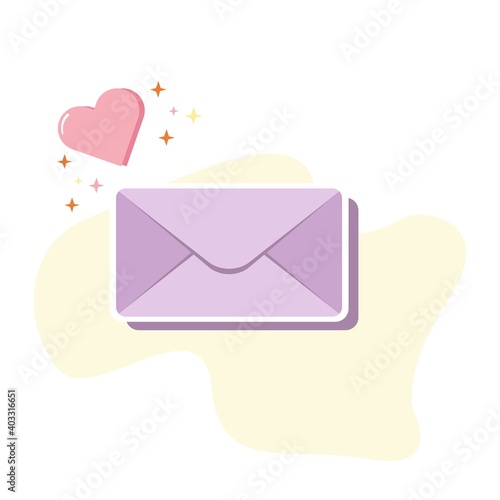 Email love message concept. New, incoming message, sms. Mail notification with red heart and sparkles. Vector illustration in flat style.