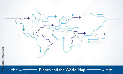 Abstract background - Airplanes fly over the world map - Planes routes shape the world air travel concept, line art vector illustration in modern minimal style
