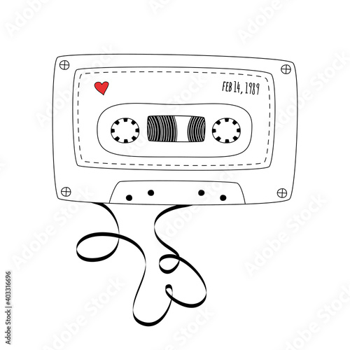Retro compact tape cassette. Vintage audio cassette tape in doodle style isolated on a white background. Vector black and white illustration for web banners, advertisements, stickers, labels, t-shirt