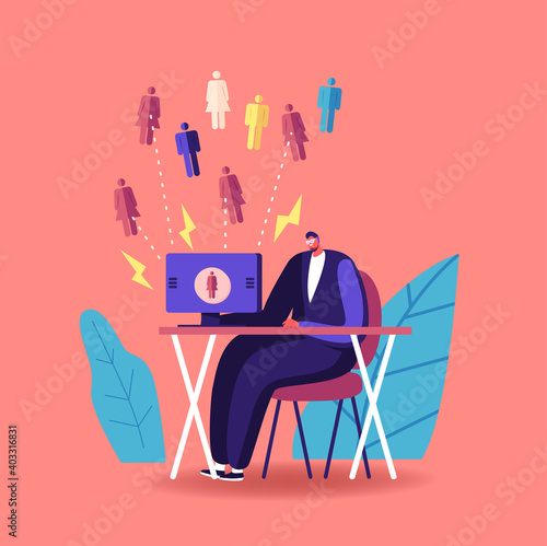 Inbound Marketing, Financial Goals Achievement Concept. Businessman Character Working on Computer Attract Customers