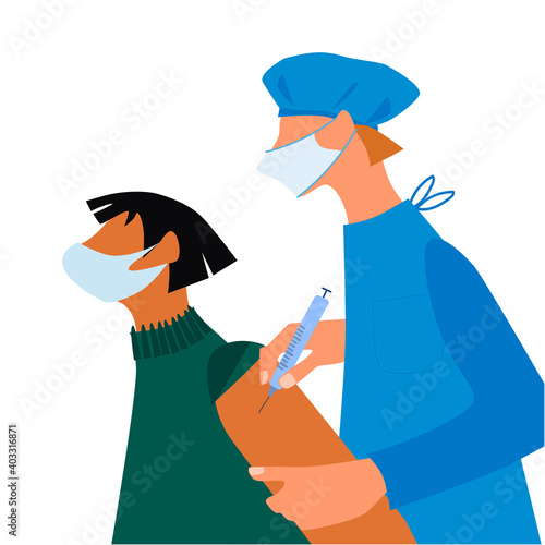 Vaccination time concept. Stop coronavirus concept. Doctor inoculates male patient in mask, making vaccine injection in shoulder. Vector illustration. Banner, poster,social media post