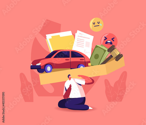 Public Pressure Concept. Tiny Male Character Pressed with Huge Box Full of Society Attribute, Man with Heavy Obligations