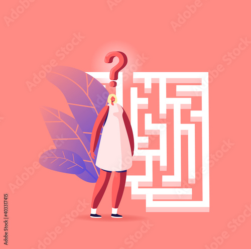 Businesswoman in Labyrinth Search Idea, Insight, Challenge. Complicated Task Concept. Female Character Finding Solution